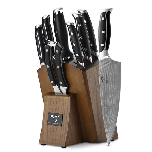 9-piece kitchen knife set sharpening for chef knife set with block, Damascus professional knife stainless steel steak knives with wooden handle kitchen knife sharpener and scissors by NanFang Brothers