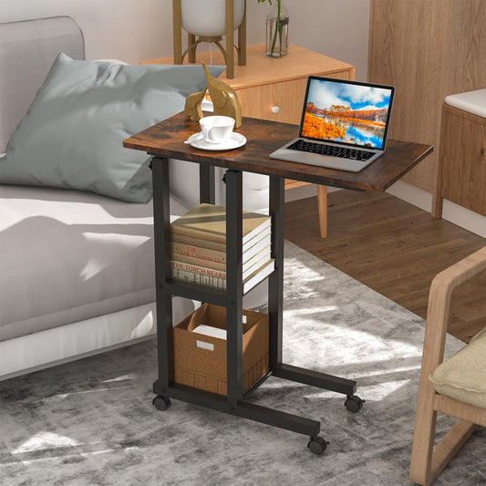 PIPIPOXER Side Table with Wheels, 60x30 cm Coffee Table with Wheels, Adjustable Height 69-90 cm Laptop Desk, Laptop Table with 360-degree Rotating Wheels for Living Room, Wood.