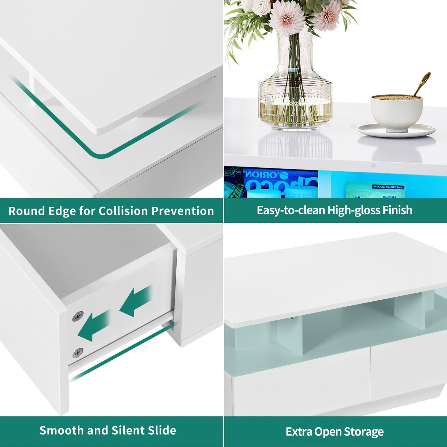 YITAHOME Coffee Table White, Living Room Table with 16-Color LED Lighting Modern, White Side Table with Open Display Shelf and 4 Extendable Drawers 90x55x41.1 cm