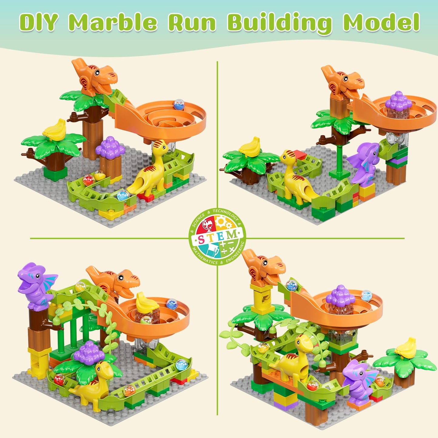 Marble run building blocks dinosaur toys, kids STEM toy dino ball track set for ages 3 4 5 6 boys girls, 67 pcs large blocks ball race learning toy for boys girls 3-7 years