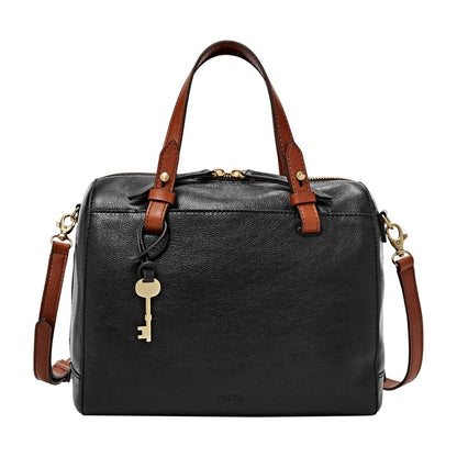 Fossil women's bag Rachel, eco leather/polyurethane trim satchel in black. 10 inches L x 5.75 inches W x 8 inches H. Style number ZB7256001.