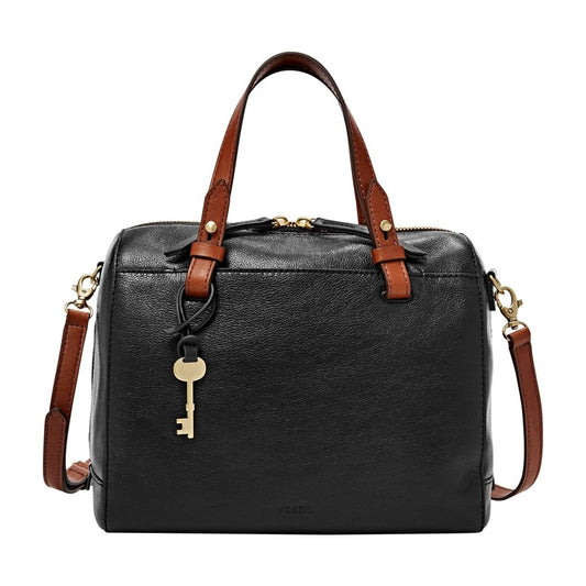 Fossil women's bag Rachel, eco leather/polyurethane trim satchel in black. 10 inches L x 5.75 inches W x 8 inches H. Style number ZB7256001.