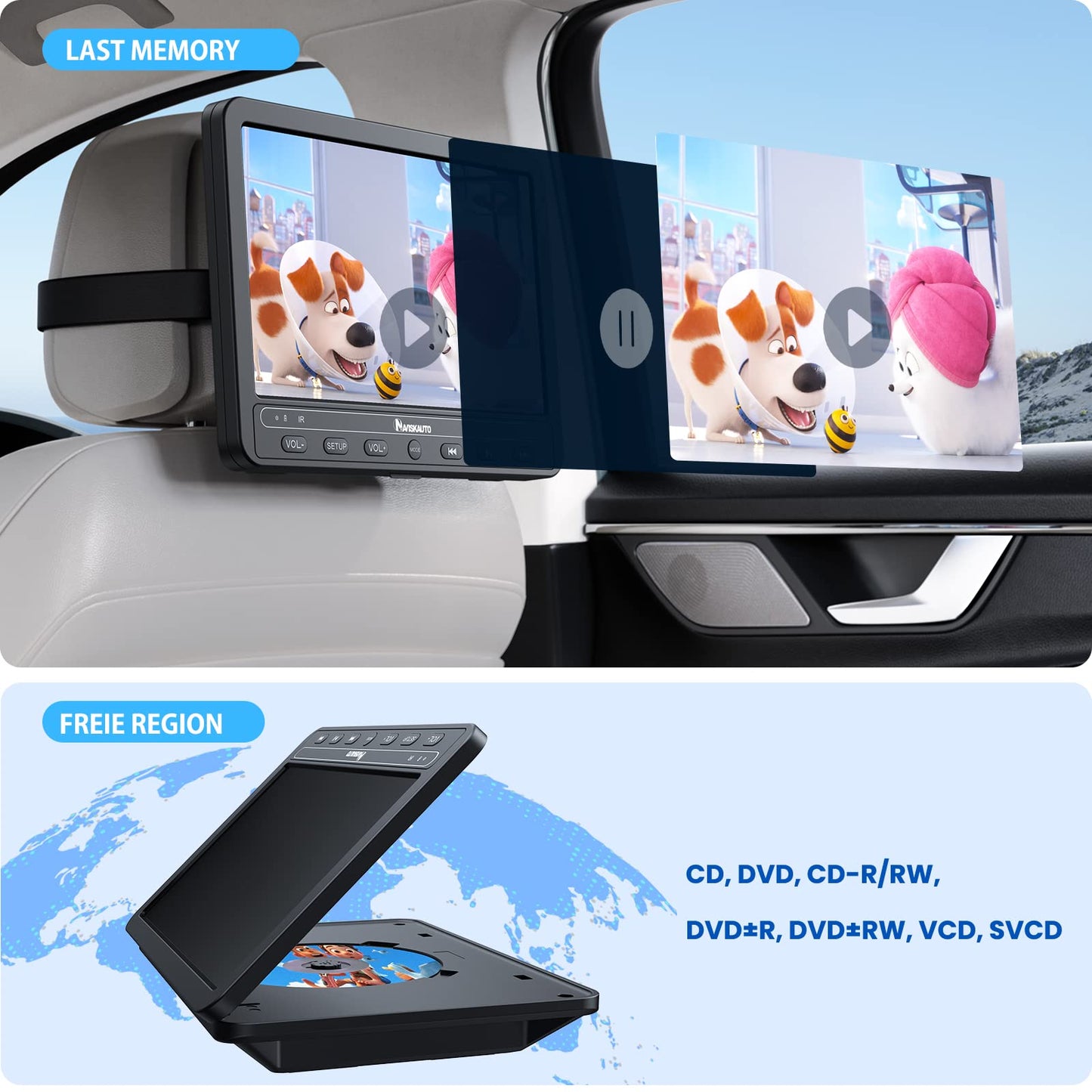 NAVISKAUTO 10.5-inch Car DVD Player with 2 Monitors, Built-in 5000mAh Battery, HDMI IN, Portable Car DVD Player TV for Backseat, Supports USB/SD Card, with Two Headphones.