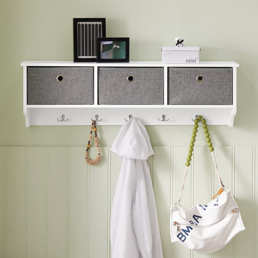 SoBuy wall coat rack hallway coat rack coat hooks wall shelf with 3 baskets and 5 hooks, wardrobe rail, hanging shelf for hallway, bedroom, bathroom, white dimensions approx. 100x31x20cm, FRG282-W