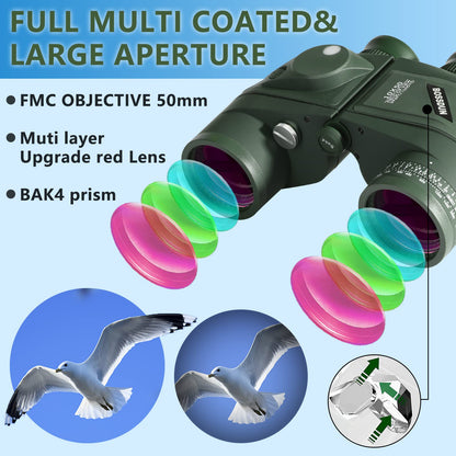 10x50 Marine Binoculars with night vision rangefinder and compass, perfect for water sports enthusiasts and hobby sailors. Includes carrying case, dust caps, and neck strap.