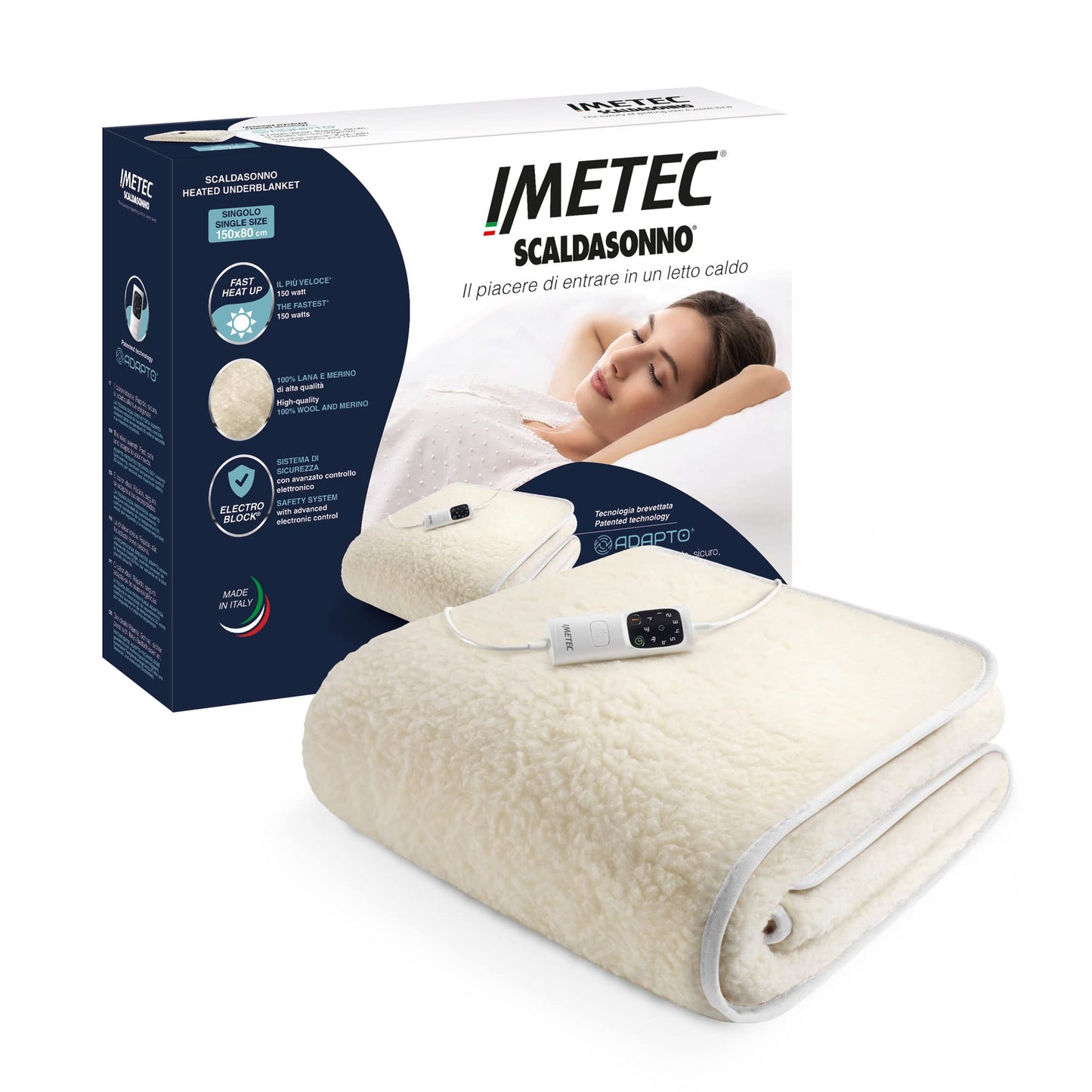 Imetec Scaldasonno Adapto single bed electric blanket, 150x80 cm, low consumption, fast heating, personalized. 100% wool & Merino, Made in Italy, non-slip fabric, control with 6 temp.