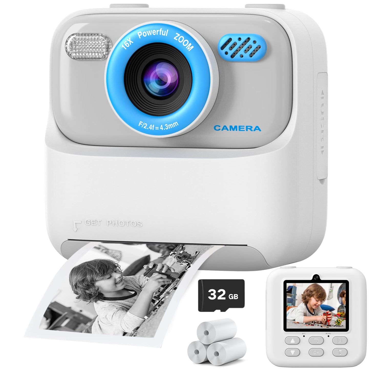 Upgrade kids camera instant print for boys and girls, 1080P HD dual-lens selfie digital camera with printing paper & 32G card, Christmas birthday gifts toy for toddlers and teens.