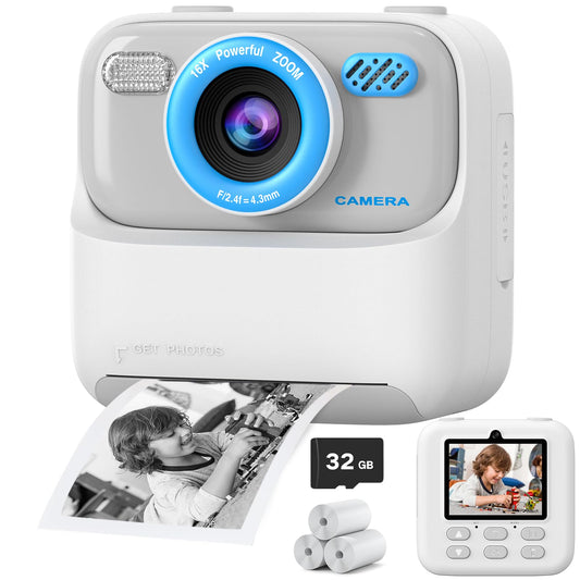 Upgrade kids camera instant print for boys and girls, 1080P HD dual-lens selfie digital camera with printing paper & 32G card, Christmas birthday gifts toy for toddlers and teens.