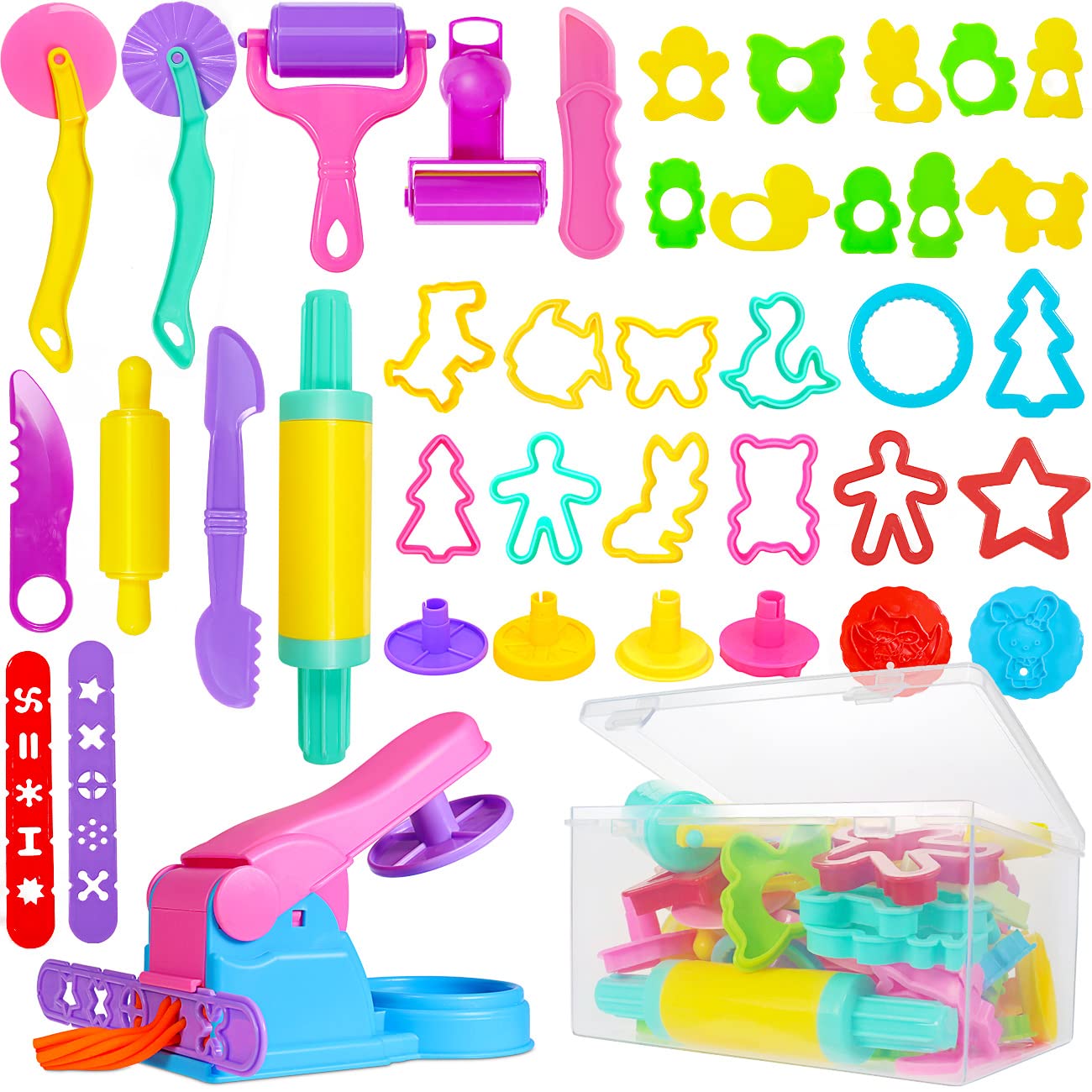 Jiosdo Clay Tool Set, 40 Pieces Clay Accessories for Kids, Playdough Tools, Extruder Modeling Tool Kitchen Toy Learning Toy for Boys Girls (with Storage Box)