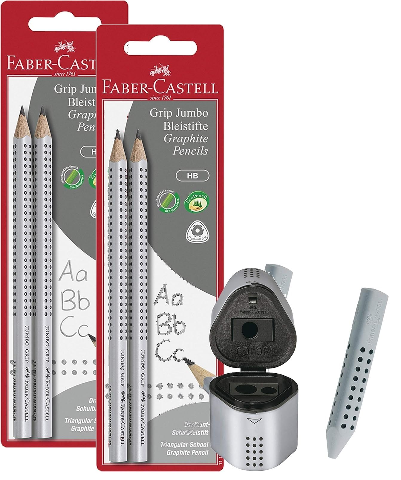 Faber-Castell 111992 - Pencil Jumbo Grip HB (2 pencils Jumbo + eraser + sharpener) (with sharpener + eraser, silver, 4 pencils)