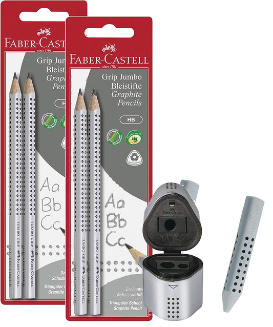 Faber-Castell 111992 - Pencil Jumbo Grip HB (2 pencils Jumbo + eraser + sharpener) (with sharpener + eraser, silver, 4 pencils)