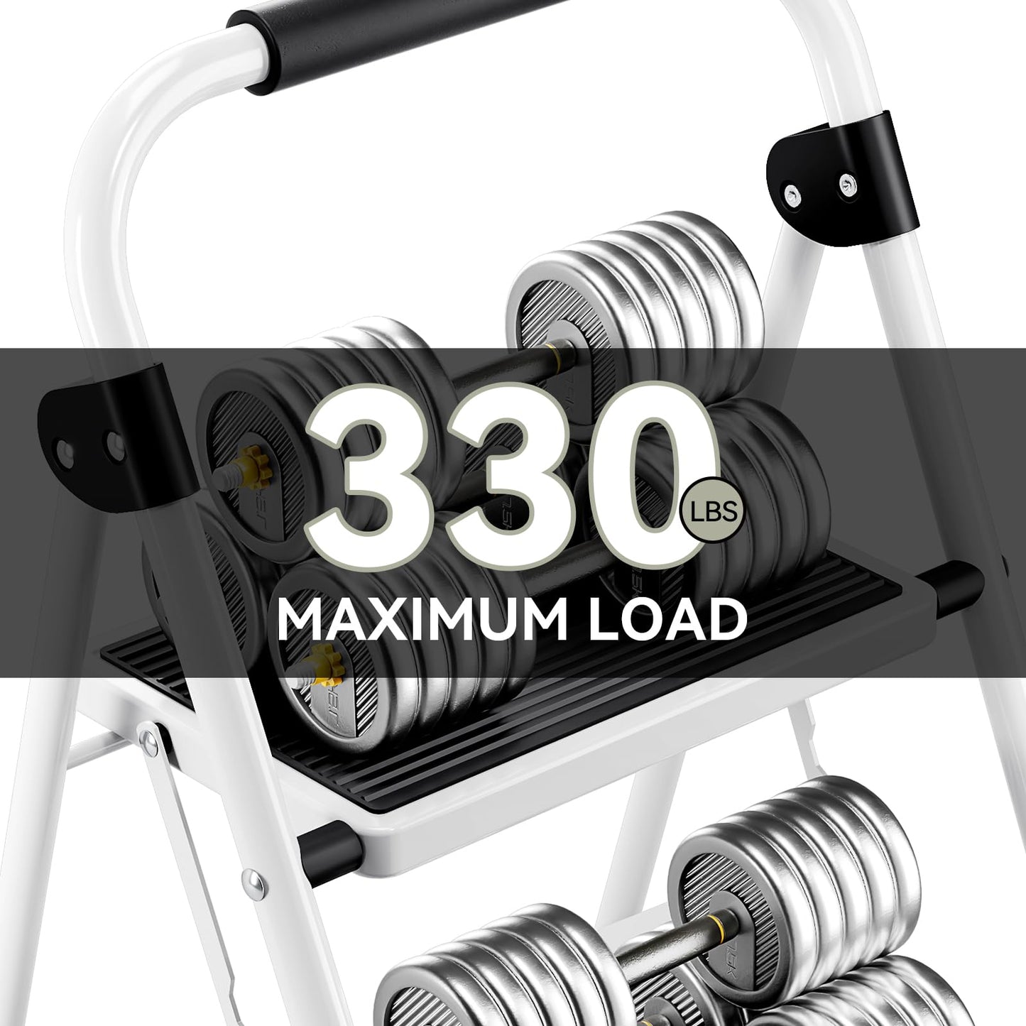 KINGRACK 2-Step Ladder, Step Ladder with Handrails, Folding Step Stool, Folding Step Stool for Adults with Handle, Household Ladder Anti-Slip Stable and Wide Pedal, White