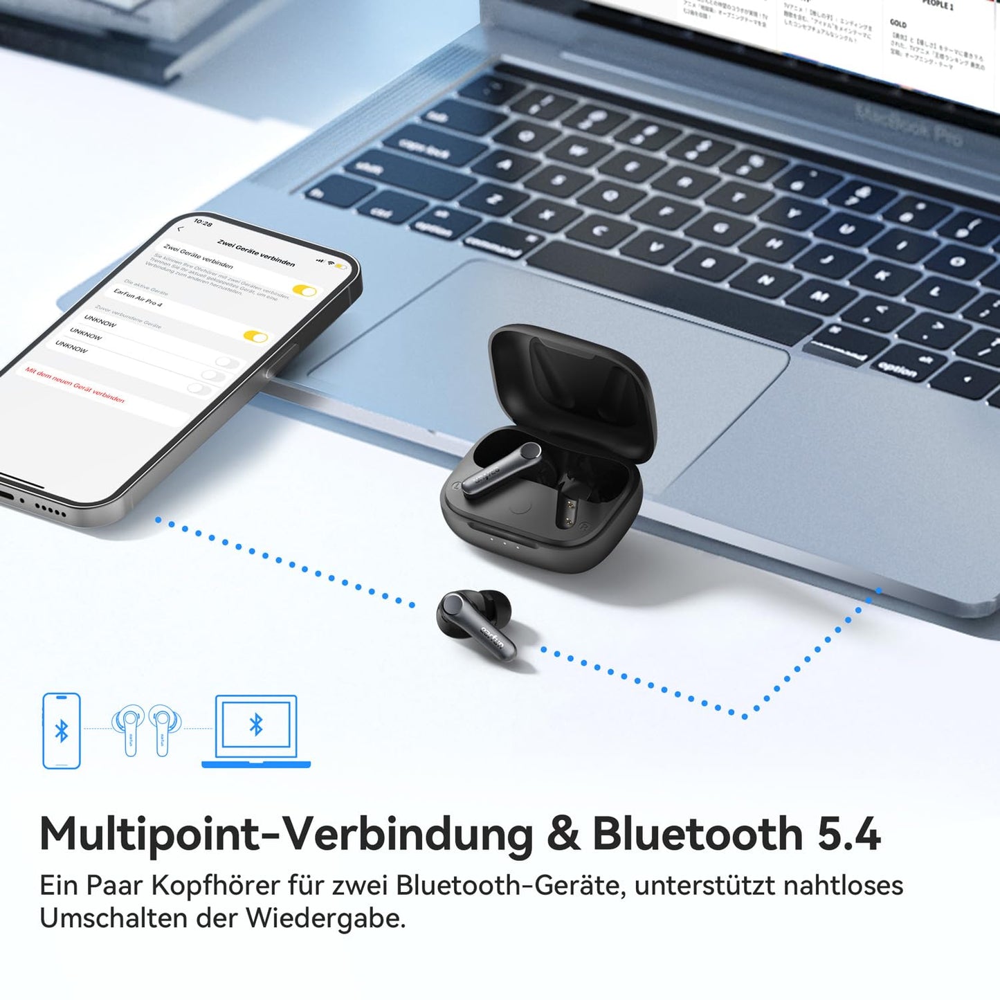 EarFun Air Pro 4 Bluetooth headphones with Adaptive Hybrid Noise Cancellation, aptX Lossless, Hi-Res Audio, LDAC, 6 microphones cVc 8.0 AI calls, 52H battery life, Multipoint, Bluetooth 5.4, In Ear Detection.