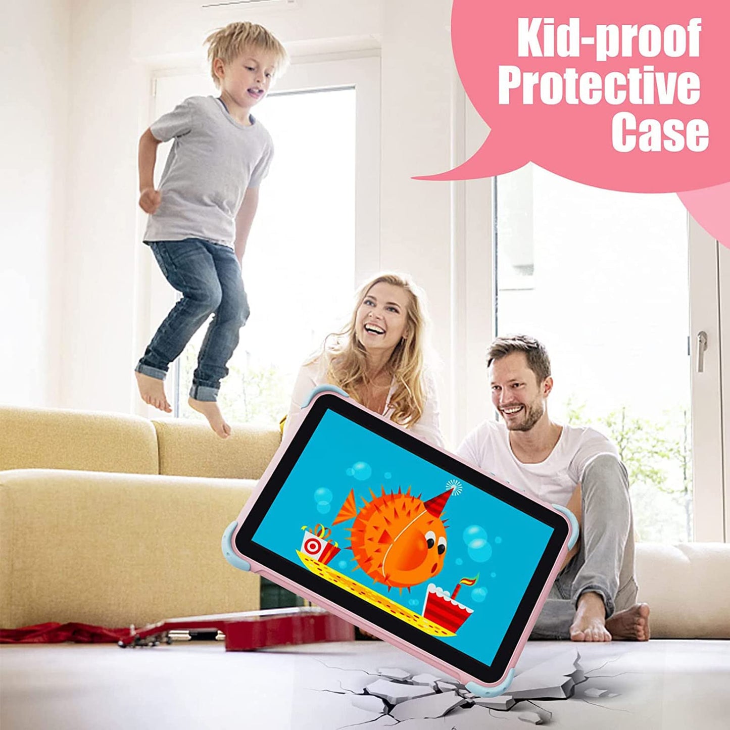 10-inch Android children's tablet with WiFi, dual camera, IPS display, quad-core processor, and 32GB storage. Suitable for kids aged 3-14, with a child-proof case.