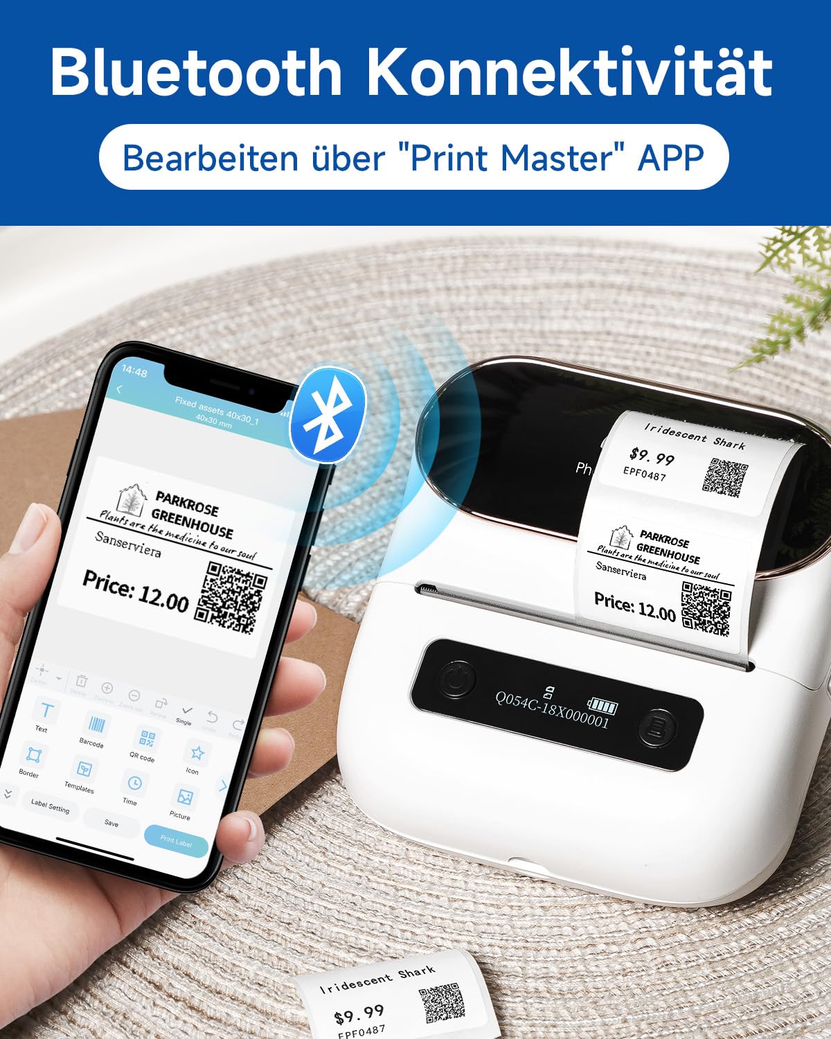 Phomemo M220 label printer with Bluetooth, portable Bluetooth thermal label printer for barcodes, retail, small businesses, compatible with phones & PC systems White.