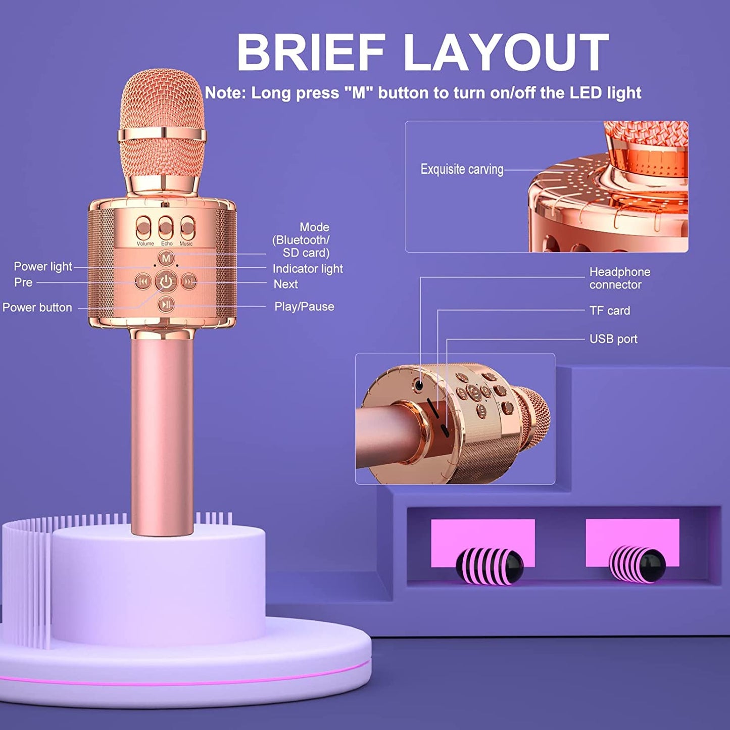 BONAOK Kids Karaoke Microphone, Singing Microphone For Kids, Home KTV Bluetooth Karaoke Machine, Portable Kids Karaoke Microphone Machine, Party Speaker for Smartphone PC (Q78 Rose Gold Plus)