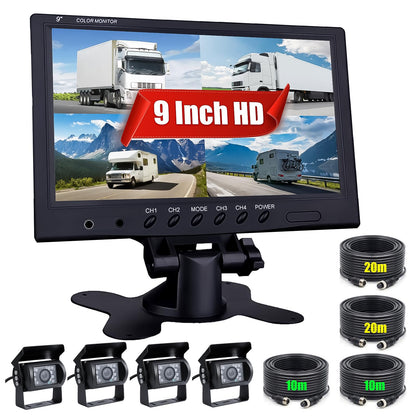 CAMECHO Rear View Camera 4 Camera Set, 9 Inch Monitor 4 Split Rear and Front Camera, Wide Angle, IP68 Waterproof, 18IR Night Vision, for Truck/Trailer/Bus/Van/Agriculture (DC12V-35V)