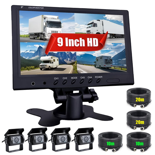 CAMECHO Rear View Camera 4 Camera Set, 9 Inch Monitor 4 Split Rear and Front Camera, Wide Angle, IP68 Waterproof, 18IR Night Vision, for Truck/Trailer/Bus/Van/Agriculture (DC12V-35V)