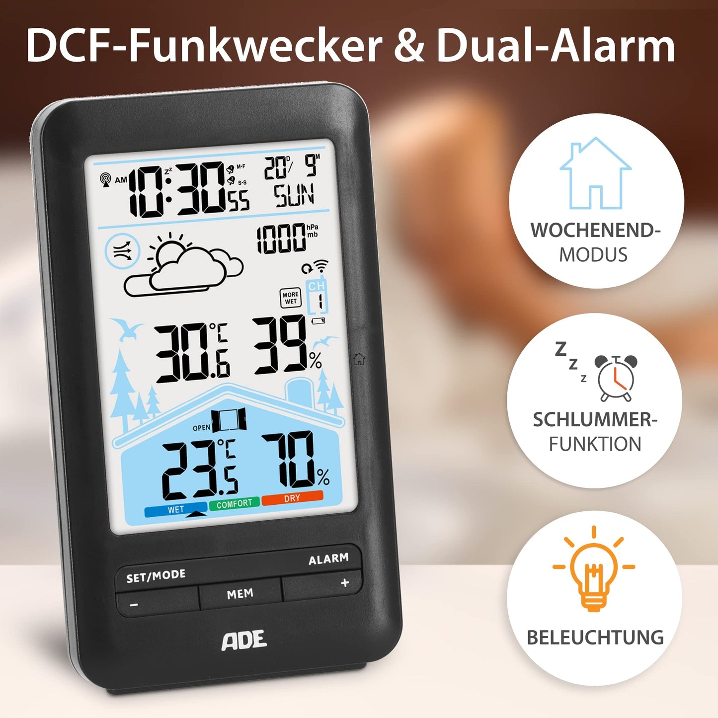 ADE weather station with radio control, outdoor sensor, and radio alarm clock. Includes ventilation recommendation, hygrometer, thermometer, 2 alarms, animated weather forecast, snooze function, and LCD color display.