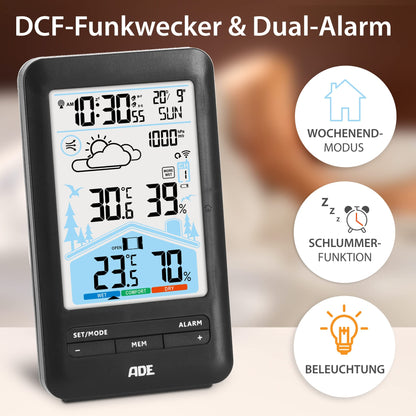 ADE weather station with radio control, outdoor sensor, and radio alarm clock. Includes ventilation recommendation, hygrometer, thermometer, 2 alarms, animated weather forecast, snooze function, and LCD color display.