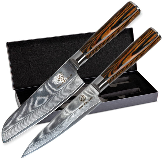 Wolfblood Damascus Knife Set 2 pieces (24cm) Professional Damascus Kitchen Knives made of 67 layers of Damascus steel - with Chef's knife Santoku knife wooden handle gift box and blade guard