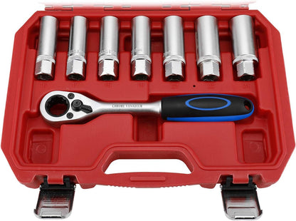 FreeTec 18-piece shock absorber, spring strut, and strut bearing tool set with 1/2 inch drive.