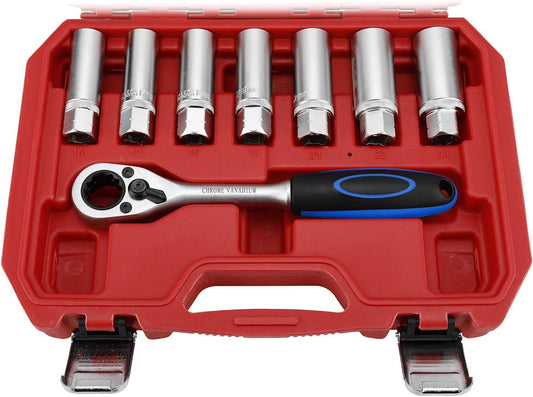 FreeTec 18-piece shock absorber, spring strut, and strut bearing tool set with 1/2 inch drive.