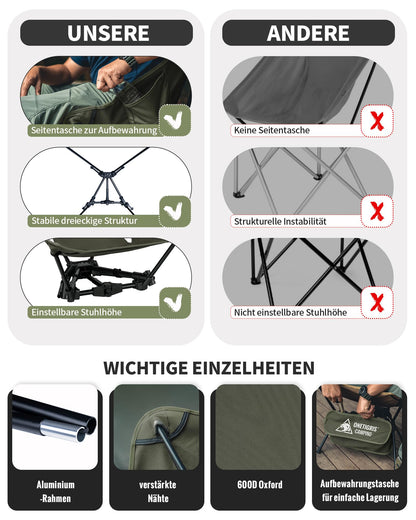 OneTigris TIGERBLADE folding camping chair 150 kg, lightweight triangle frame, ultralight folding chair, with 2 side pockets for outdoor, hiking (Ranger Green)