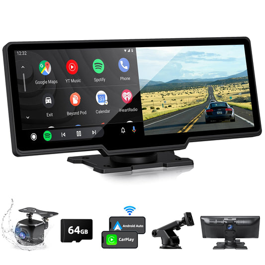 NVKHG Wireless CarPlay for CarPlay/Android Auto, featuring a 9.3-inch CarPlay touchscreen, dual camera, 4K+1080P dashcam & rearview camera, with AUX IN/Bluetooth/FM/GPS/Siri/Google Assistant.