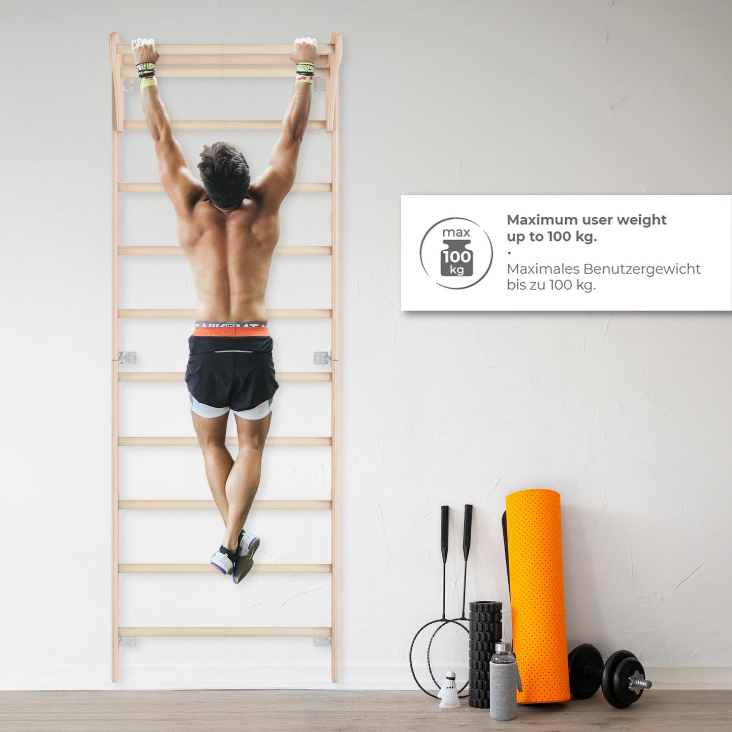 Adult (230 cm) wall bars with pull-up bar, wooden climbing wall, multifunctional fitness equipment, climbing ladder for adults & children, 100% ECO, Made in EU.