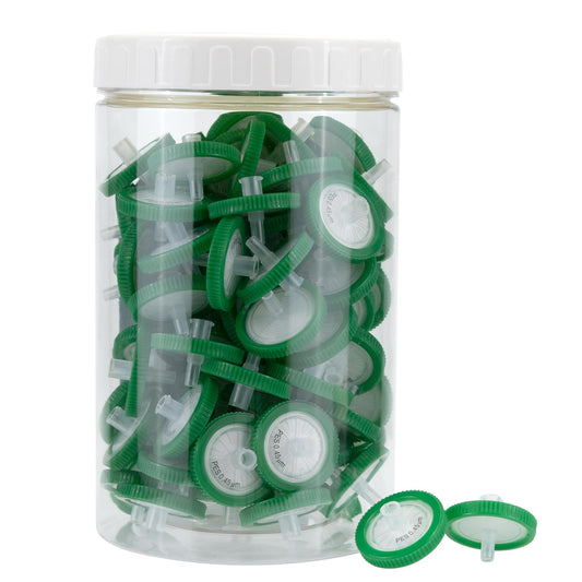 100 pieces of PES syringe filters 0.45 μm pore size, 25 mm membrane diameter, laboratory syringe filters, HPLC and GC syringe filters, green (barrel packed)