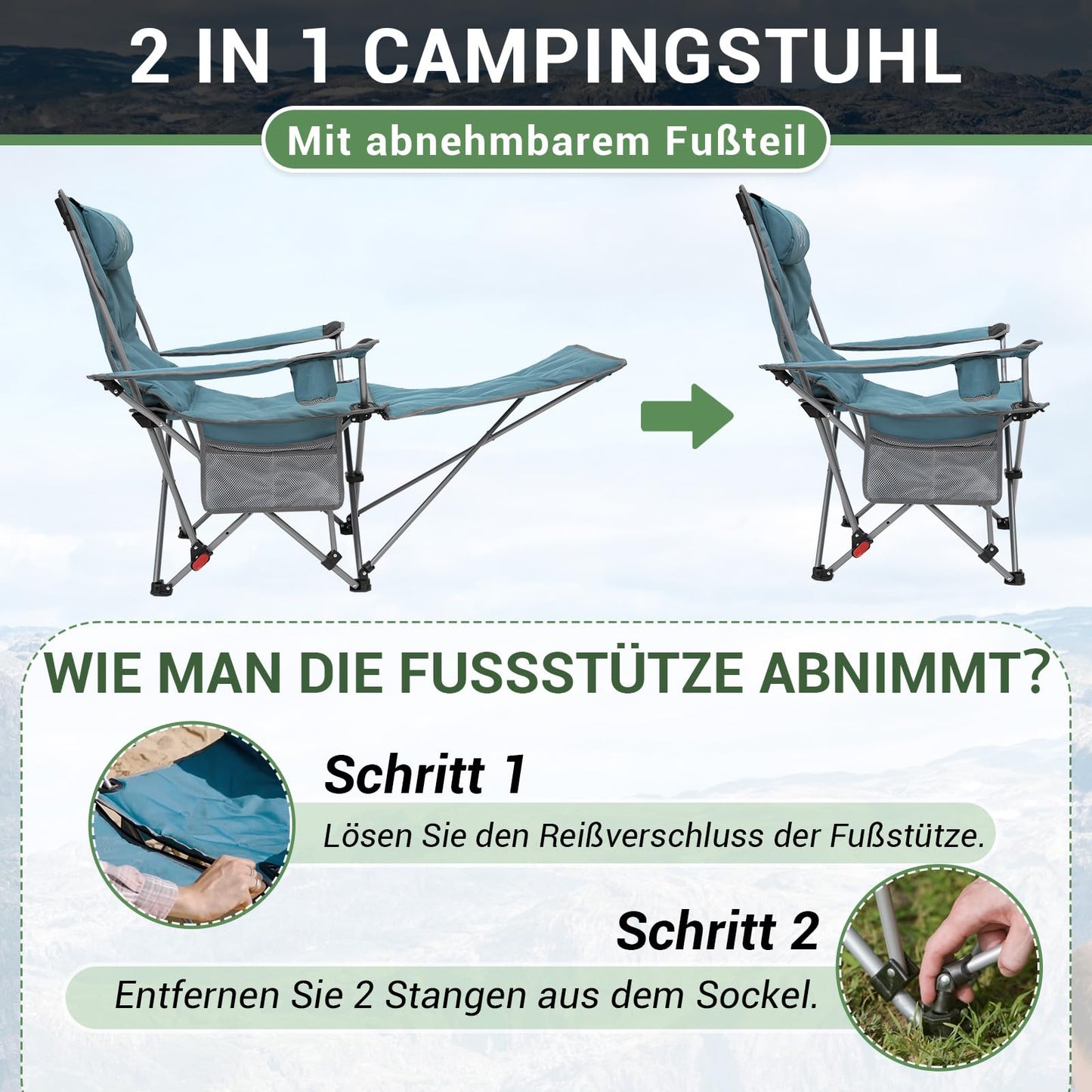 #WEJOY 2-in-1 camping chair with footrest, padded recliner with adjustable backrest, lounge chair with cup holder, perfect for outdoor camping in cyan color. Set includes 2 chairs.