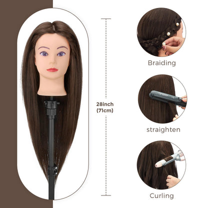 Neverland Beauty Styling Head with Practice Head Stand - 71cm 60% Real Hair, Doll Head for Styling, Training Heads for Hairdressers Training Head With Holder + DIY Hair Set (Brown)