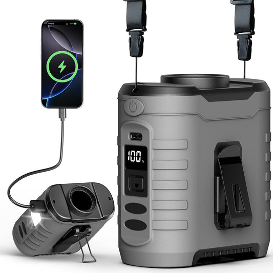 6-in-1 Waist Clip Fan, 10000mAh Battery Fan, 5 Speeds, 8-40h Runtime USB Rechargeable, for Construction, Outdoor, Hiking, Summer Work with COB Light & Power Bank.