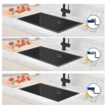 Kitchen sink, 1 basin, 70 x 44 cm, Auralum stainless steel sink with drain and plug, washbasin, for kitchen installation, with floral or undermount design, black sink