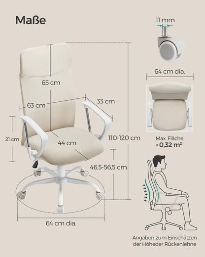 SONGMICS office chair, ergonomic desk chair, swivel chair, padded seat, height adjustable and tiltable, up to 120 kg load capacity, cappuccino beige OBN034K01