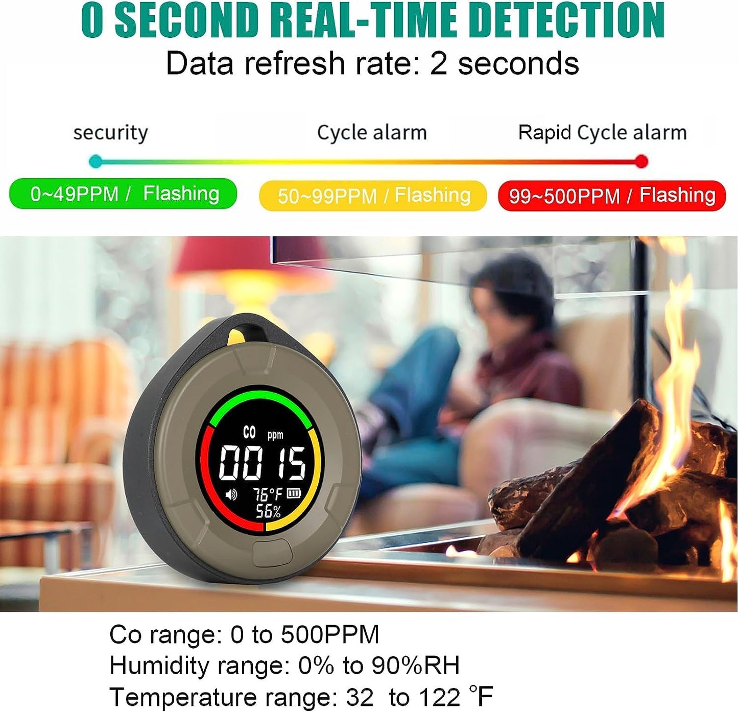 HAKINAKU Portable CO Detector Carbon Monoxide Alarm, Mobile CO Detector CO Warning Device, CO Meter with Temperature & Humidity Display, for Travel Camping, PTH-10D-Green
