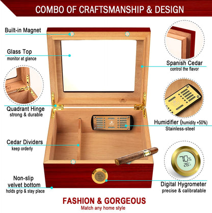 Slege Cigars Humidor, Spanish Cedar Humidor Cigars, Cigar Cabinet with Digital Hygrometer, INOX Humidifier, Divider, Cigar Box Cigar Accessories, Men's Gift, 30-50 Cigars (Cherry Red)