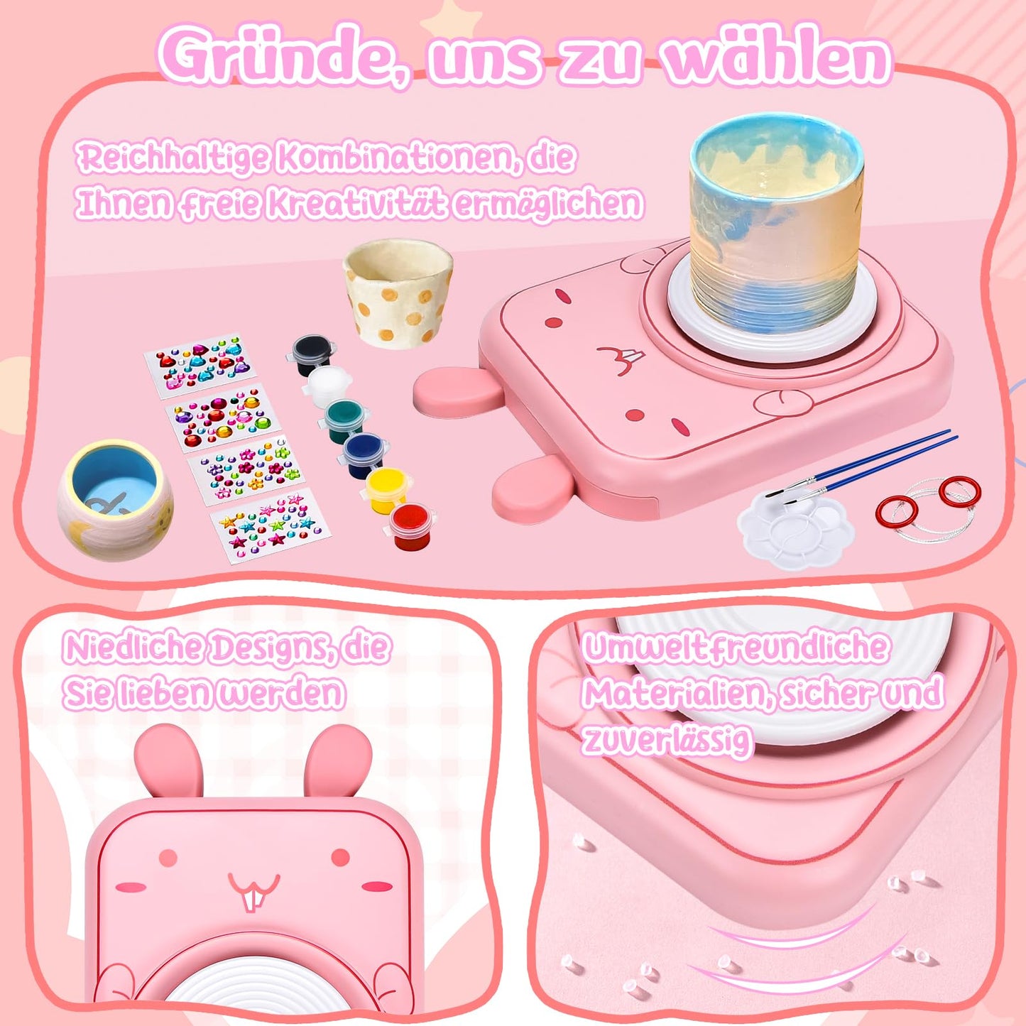 IEEILULU Pottery Set for Kids, Electric Pottery Wheel for Kids, Mini Pottery Wheel with Clay, Colors, Diamond Stickers, Pottery Set DIY Pottery Craft Kit Gifts Girls (Cats)