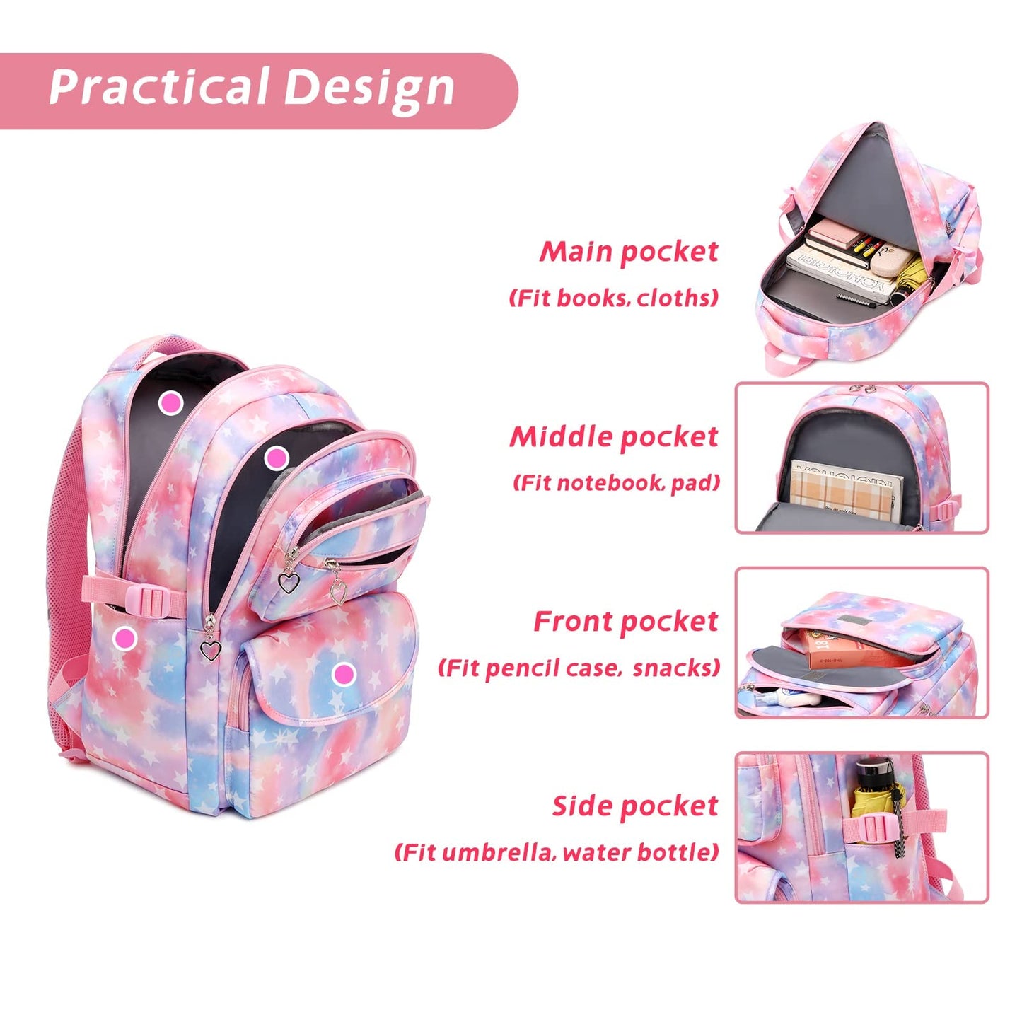 Tanou school backpack set for girls includes lunch bag and pencil case. Lightweight and breathable, suitable for 3rd to 9th grade girls. 22 liter capacity, perfect for travel. Color: pink.