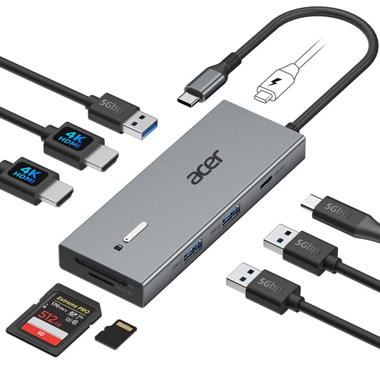 Acer USB C Docking Station Dual HDMI, 9IN1 Type C Hub with HDMI 4K@60Hz, 3 USB-A ports, 1 Type-C 5Gbps, 100W PD, SD/TF card reader. Multiport for dual monitors, compatible with Dell, Chromebook, MacBook Air/Pro, Surface, etc.