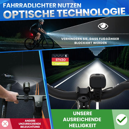 FORTRY bike light set with brake indicator function, StVZO approved bicycle lamp, LED bike lighting, IPX5 waterproof front and rear bike lights, USB Type C bike light