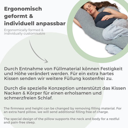 Lilly and Ben® side sleeper pillow with jersey cotton cover I Oeko-TEX® pregnancy pillow with firm filling I support pillow in 3 sizes I ergonomic body pillow
