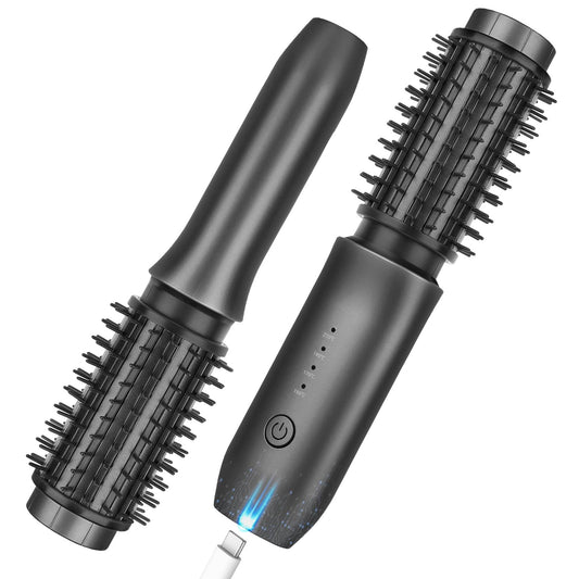 Wireless curling iron brush, 2024 NEW Portable travel curling iron mini brush for women, 7000 mAh USB rechargeable curling iron brush with negative ions, black.