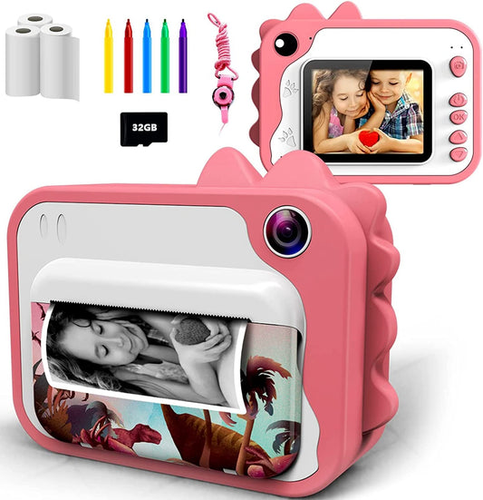 Children's camera, digital camera instant print camera 1080P 2.4 inch screen video camera black and white photo camera with 32GB memory card, 3 rolls of printing paper, 5 colored brush pens gift for children
