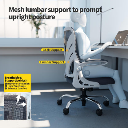 HOLLUDLE Ergonomic Office Chair with Foldable Backrest, Desk Chair with Extended Seat (52 cm), Foldable Armrests and Mesh Lumbar Support Swivel Computer Chair, White