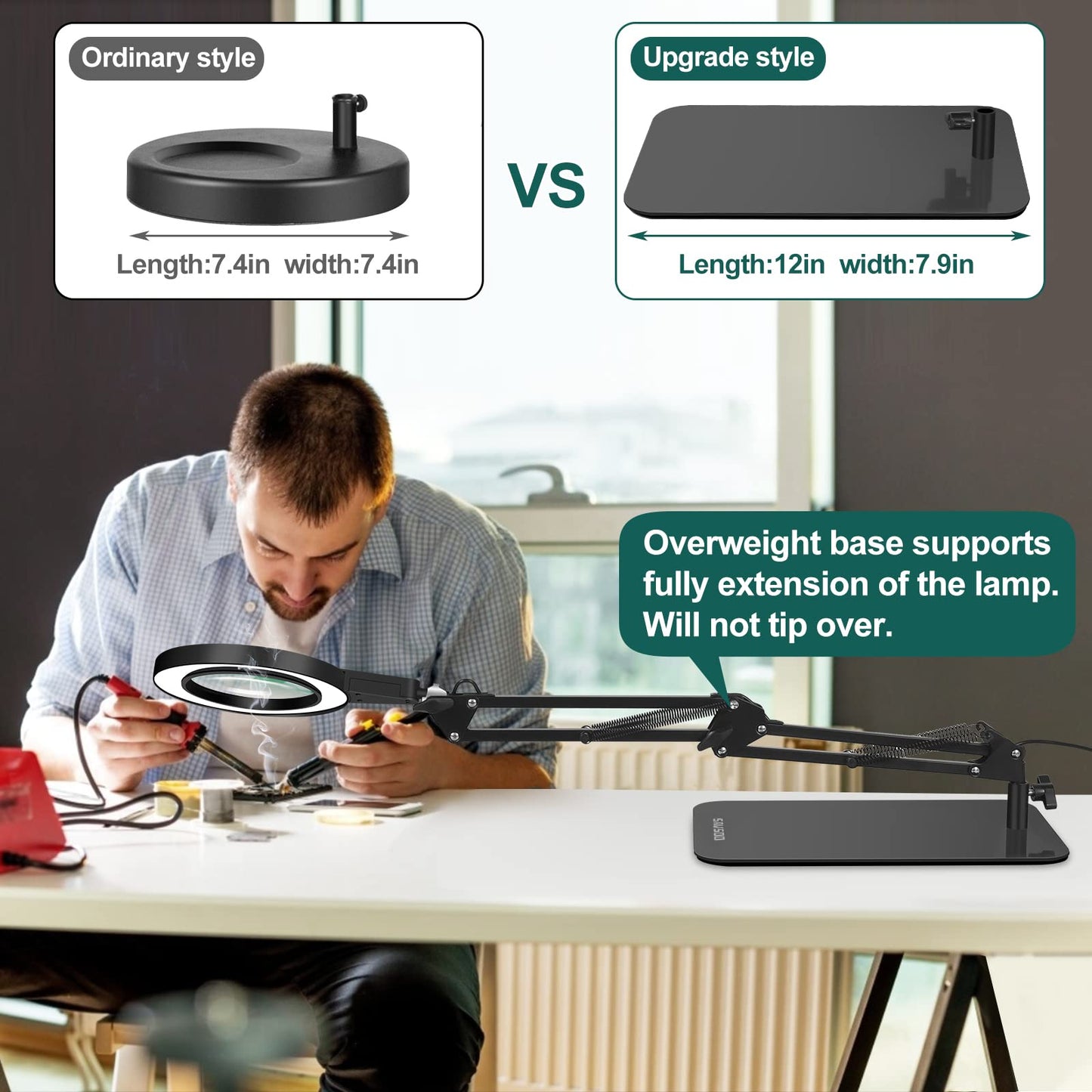 SAVSOO 20 Diopter Magnifying Glass with Light and Stand, Touch Control, 2-in-1 LED Magnifier Lamp, Desk Lamp with Large Base and Clamp, 3 Color Modes Dimmable, Magnifying Lamp for Hobbies Crafting, Black