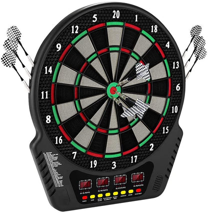 Electronic dartboard, E-Dart board with 4 LCD displays and charging adapter. Suitable for 6 darts and 24 dart heads. 27 games with 243 game options. Professional electronic dart game.