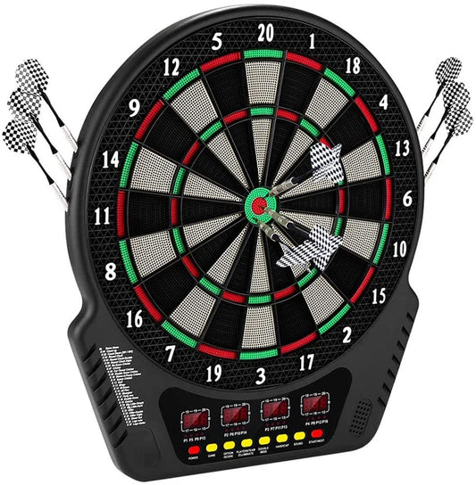 Electronic dartboard, E-Dart board with 4 LCD displays and charging adapter. Suitable for 6 darts and 24 dart heads. 27 games with 243 game options. Professional electronic dart game.