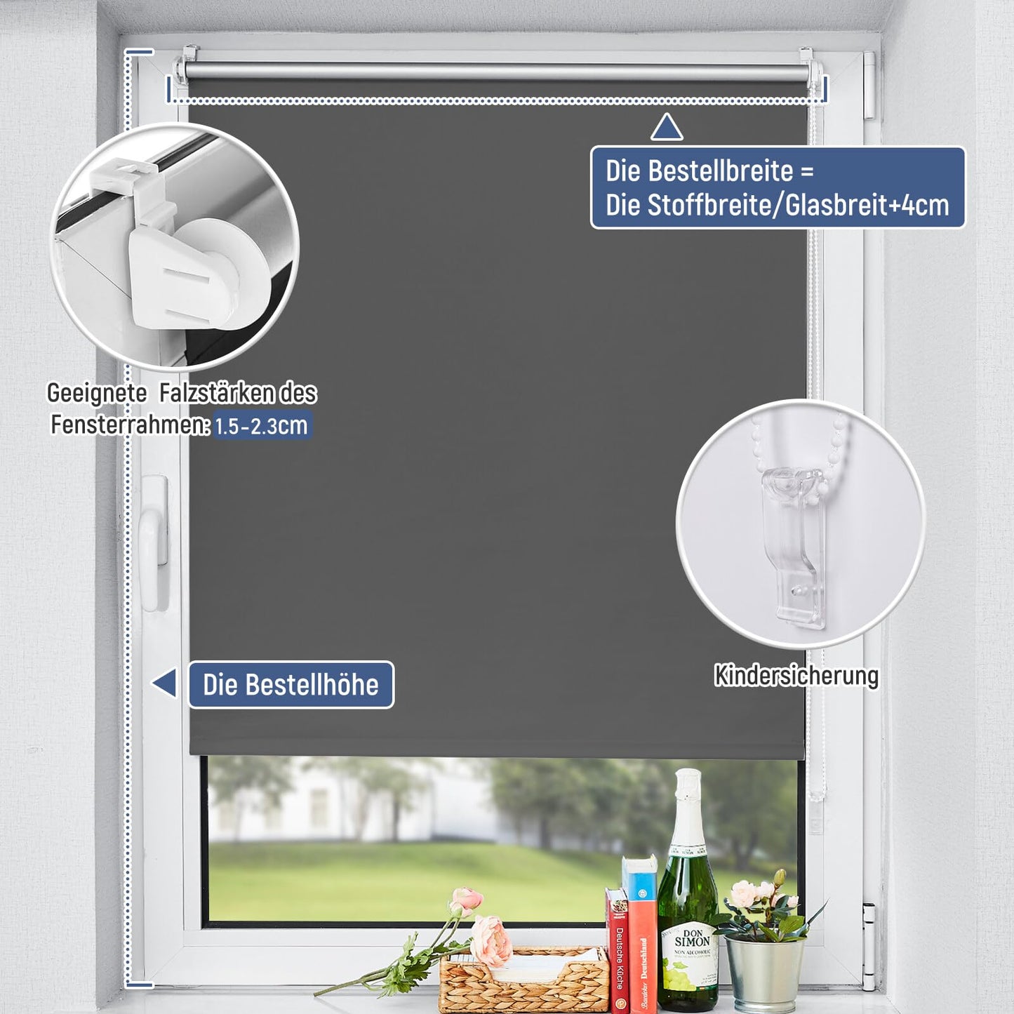 Blackout roller blind clamp fix roller without drilling dark grey W65 x H120cm - fabric width 60cm window darkening blinds sun protection window interior without drilling